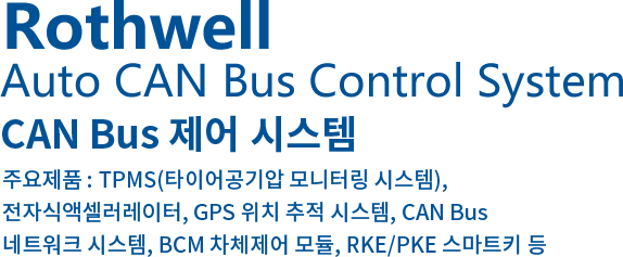 Rothwell Auto CAN Bus Control System CAN Bus 제어 시스템 주요제품 : TPMS(타이어공기압 모니터링 시스템), 전자식액셀러레이터, GPS 위치 추적 시스템, CAN Bus 네트워크 시스템, BCM 차체제어 모듈, RKE/PKE 스마트키 등
